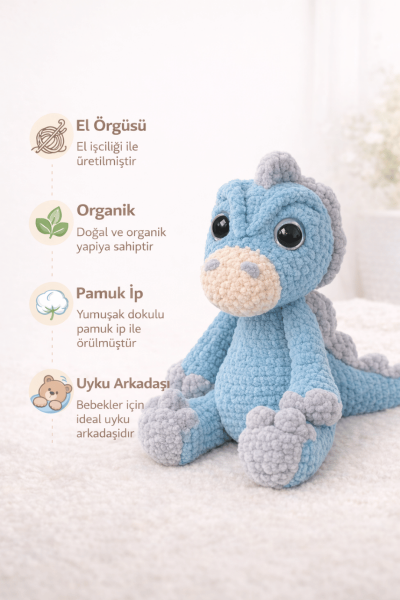 Dinozor Amigurumi Uyku Arkadaşı | Organik Bebek Oyuncağı