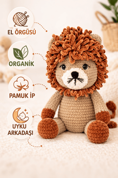 Aslan Amigurumi Uyku Arkadaşı | Organik Bebek Oyuncağı